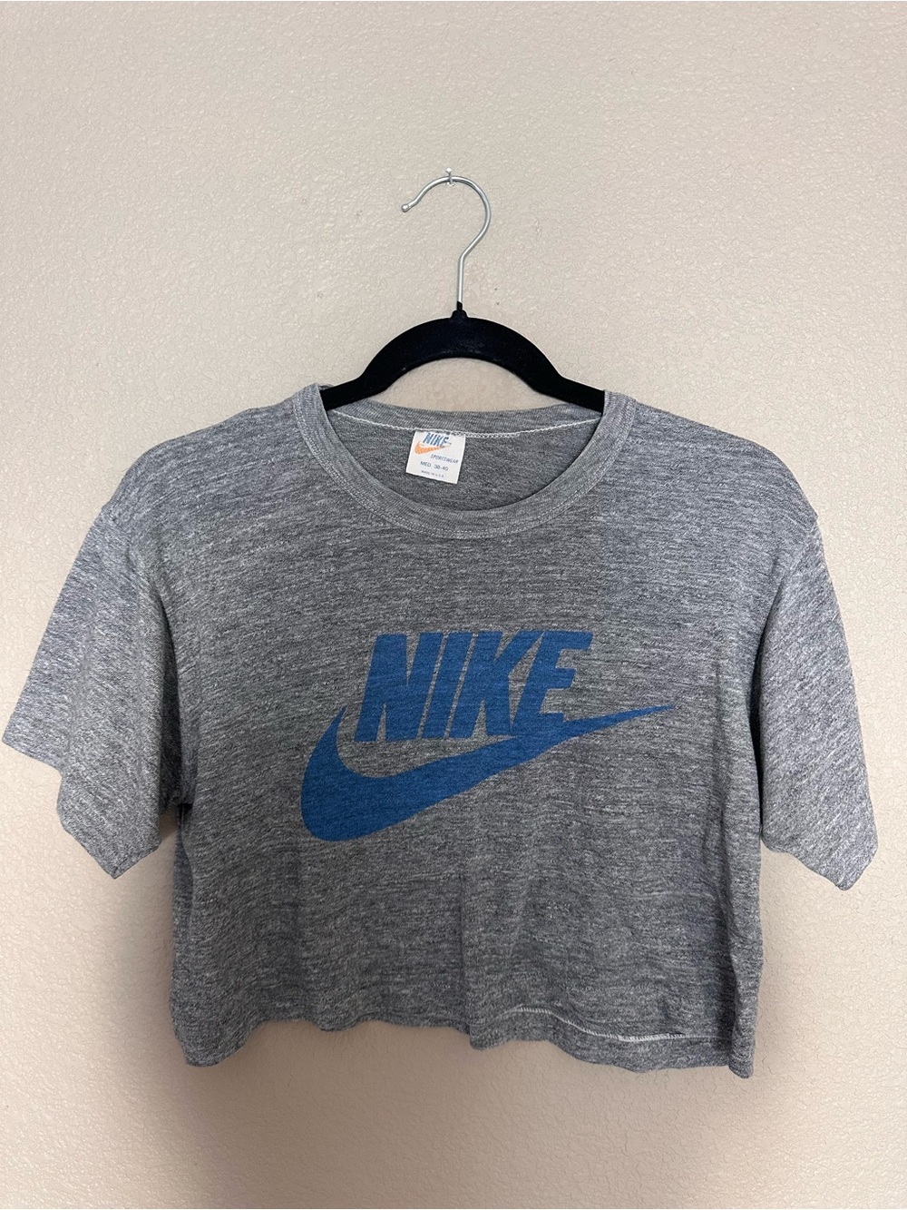 Vintage 1970s Nike Gray Cropped Logo Tee - Blue Swoosh made in the usa